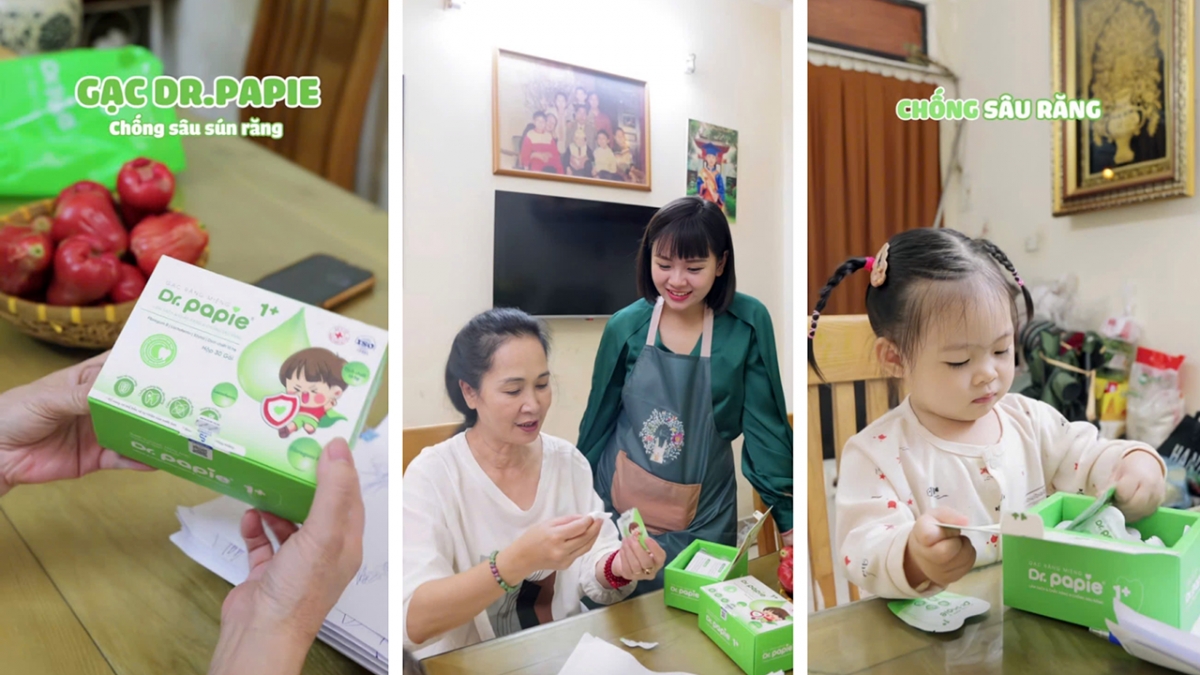 NSND Lan Hương và con dâu Hải Anh tin dùng gạc chống sâu sún răng Dr.Papie 1+ để chăm sóc răng miệng cho bé Mèo