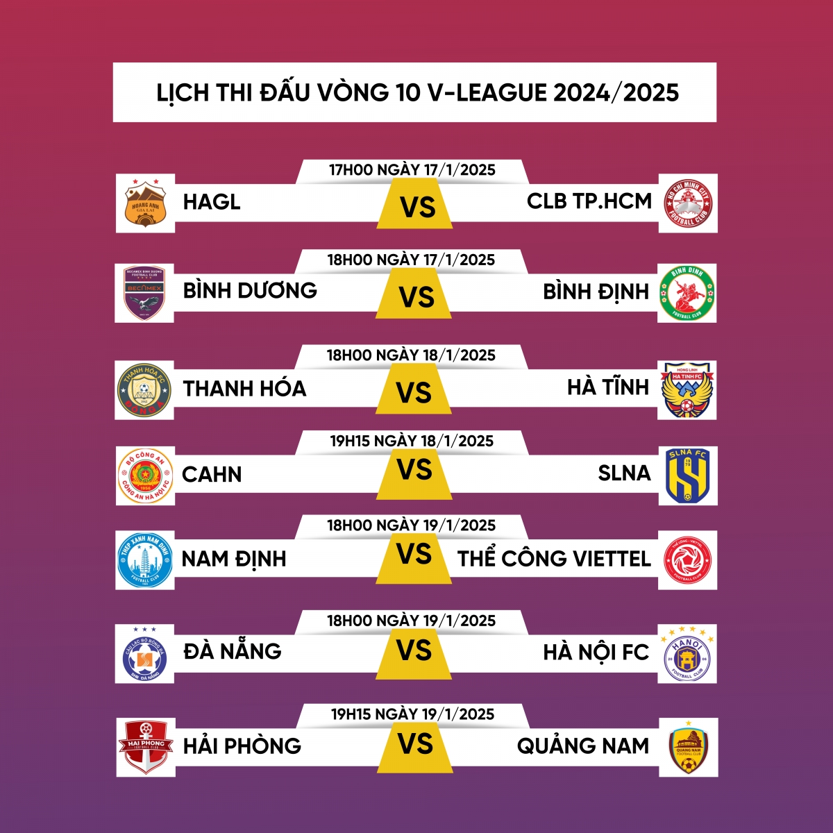 Lịch thi đấu và trực tiếp vòng 10 V-League 2024/2025.