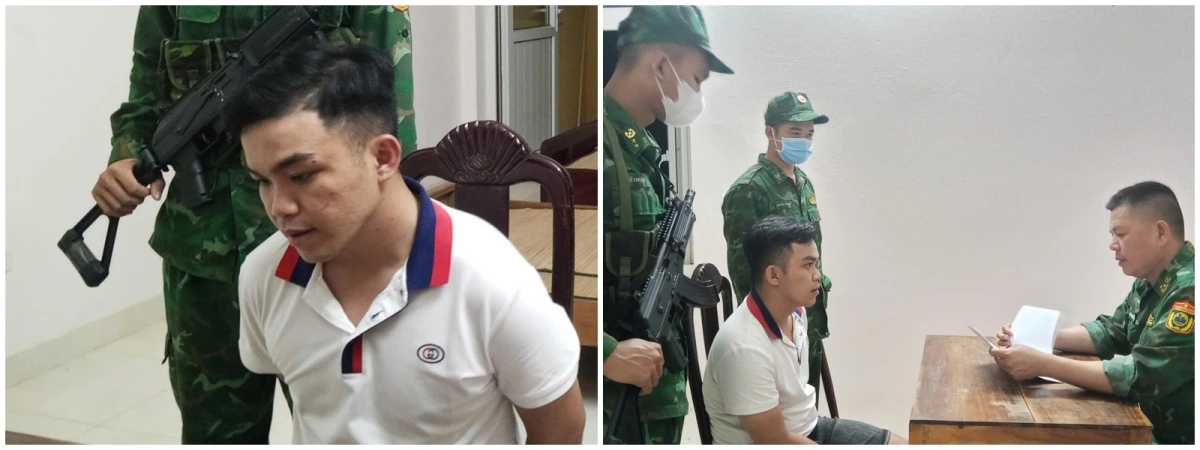 Thượng tá Phạm Thành Trung lấy lời khai đối tượng Võ Chí Bảo (Ảnh: Bộ đội biên phòng Long An)