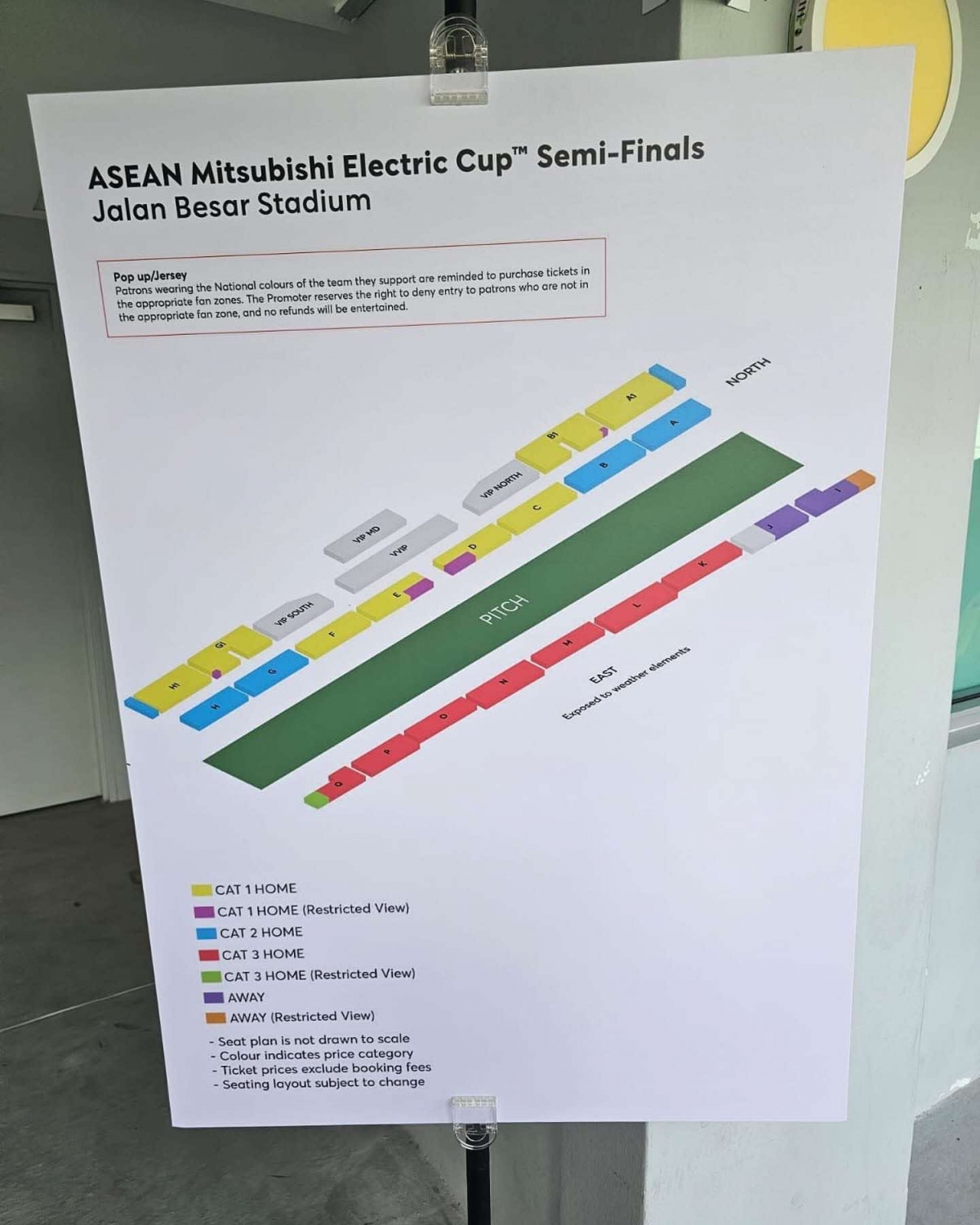 Sơ đồ chỗ ngồi cho các CĐV vào sân Jalan Besar theo dõi trận đấu. Các CĐV Việt Nam được bố trí một khu nhỏ ở góc khán đài B. (Ảnh: FAS). 