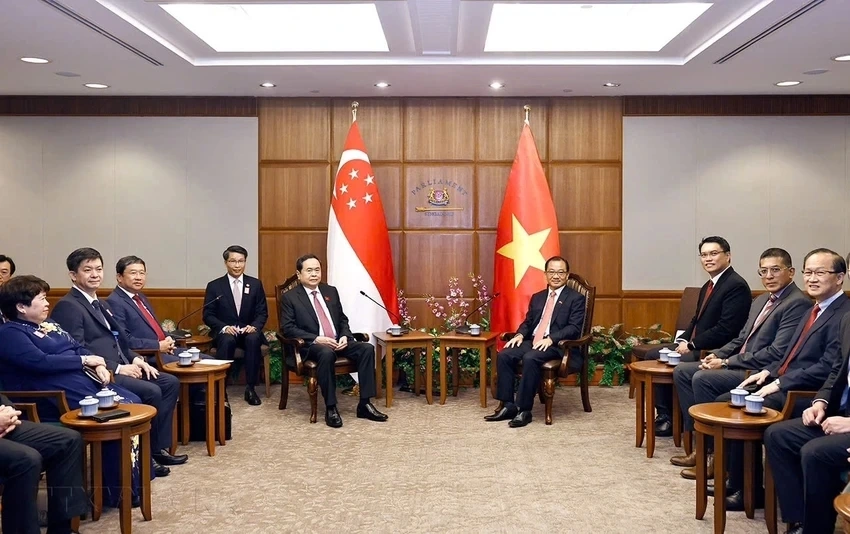 Chủ tịch Quốc hội Trần Thanh Mẫn tại buổi hội đàm với Chủ tịch Quốc hội Singapore Seah Kian Peng. Ảnh: TTXVN