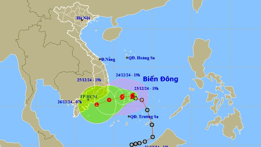 Vị trí và hướng đi của Bão số 10 lúc 20h00 tối 23/12