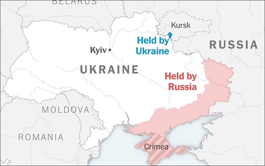 Những vùng đất Nga (màu xanh) do Ukraine kiểm soát và vùng lãnh thổ Ukraine (màu hồng) do Nga kiểm soát, tính đến ngày 11/12/2024. Đồ họa: ISW, Nytimes.