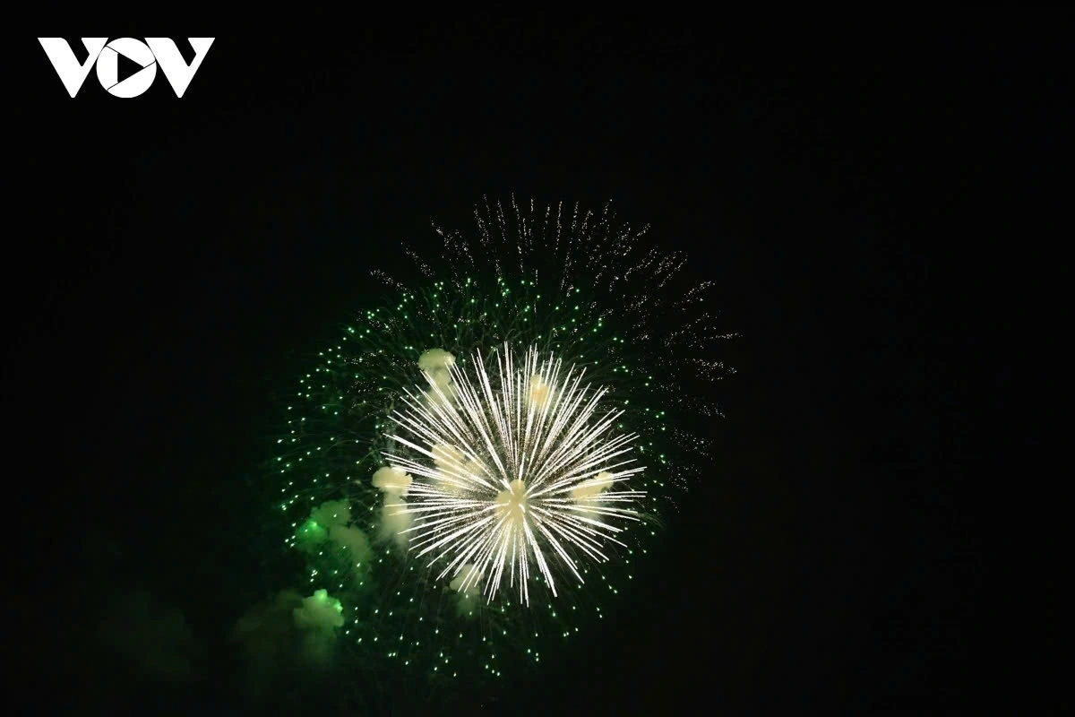 Young people excitedly capture the dazzling fireworks display on New Year’s Eve to preserve the unforgettable moments.