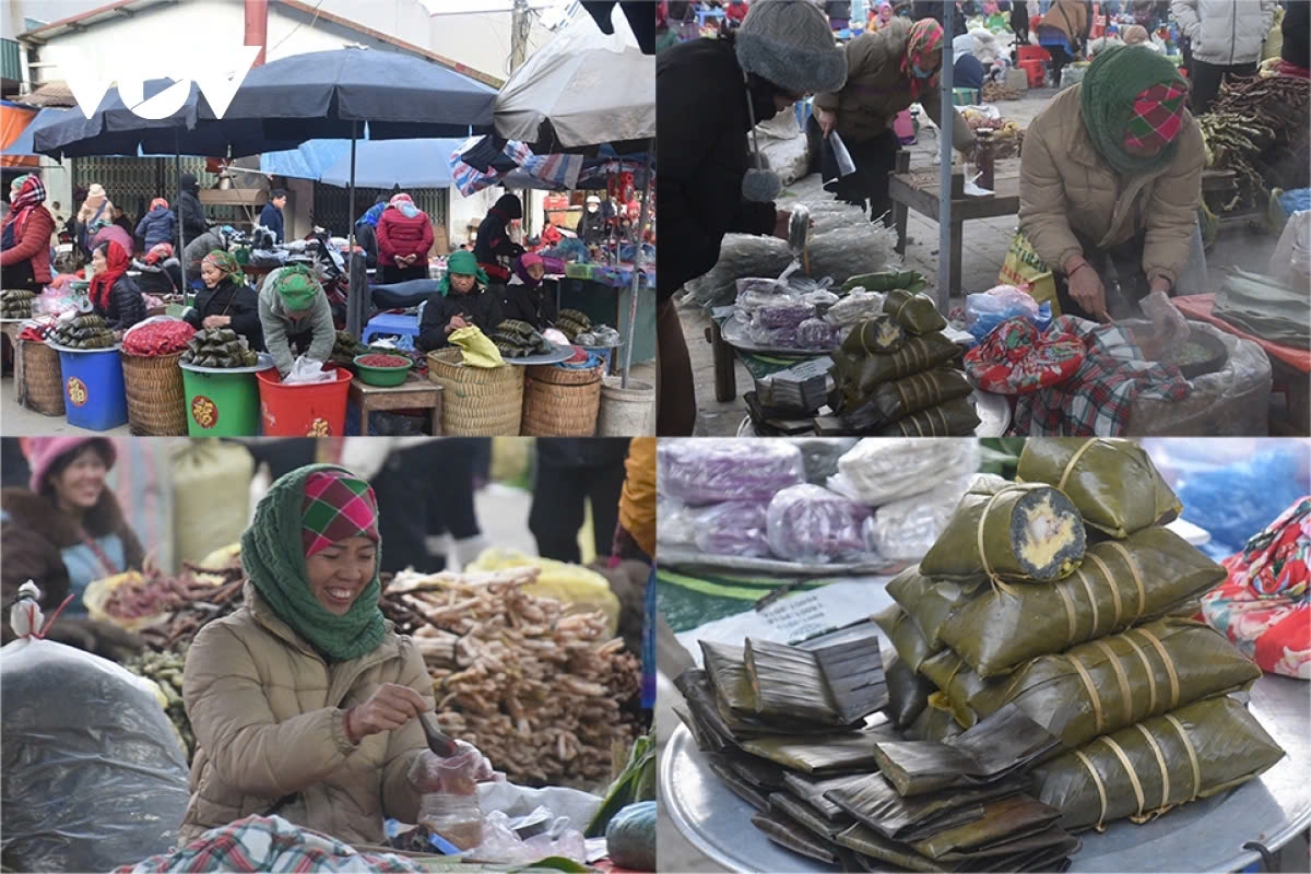 At the market, tourists can’t resist the tempting local foods such as phở chua Bắc Hà (sour noodle soup), corn bánh đúc (pudding), sticky rice cakes, black bánh chưng (square sticky rice cakes), and five-color sticky rice—these are famous specialties of the Bac Ha Plateau.