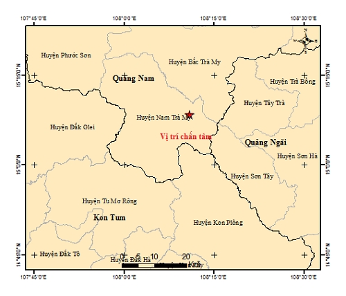 Bản đồ tâm chấn động đất Quảng Nam