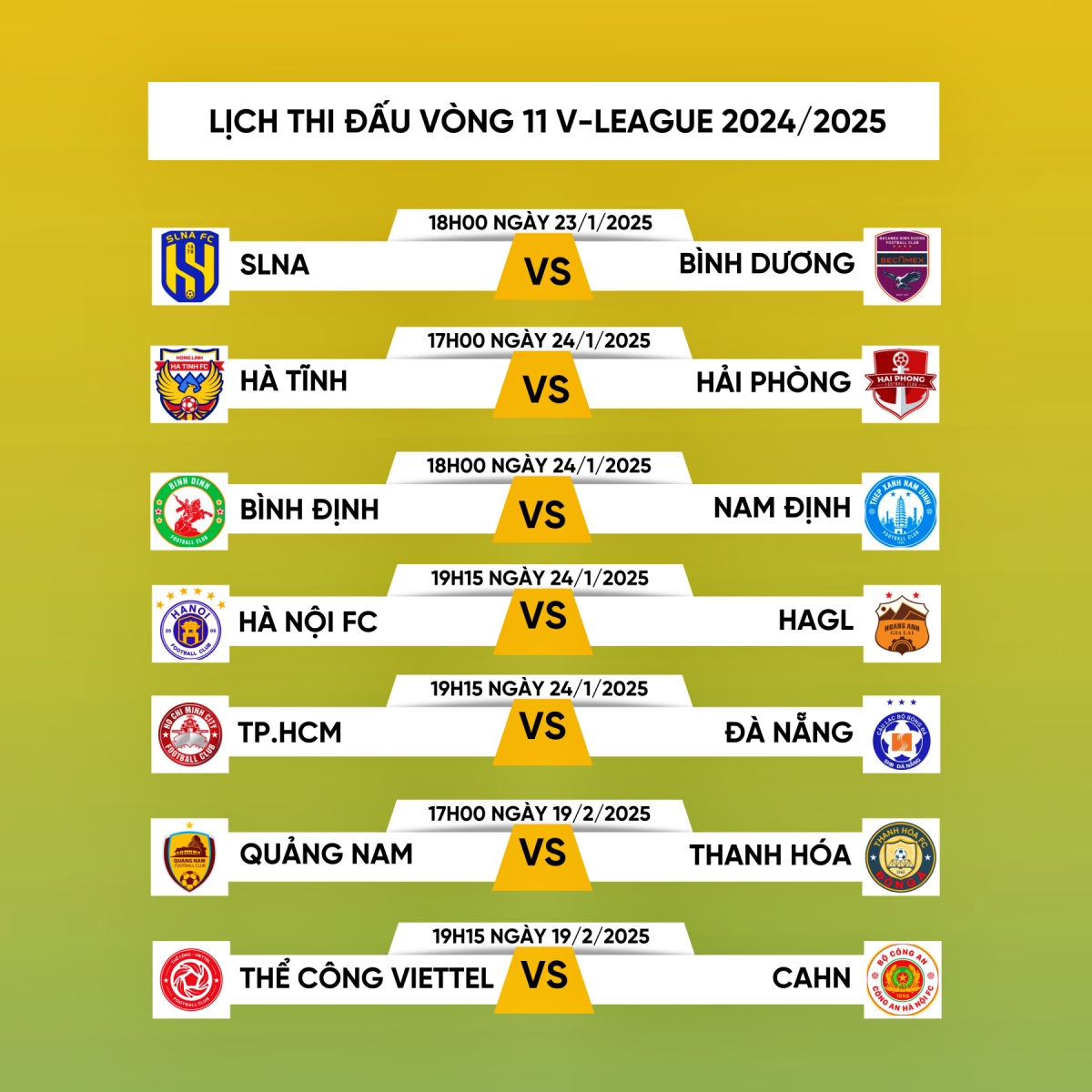 Lịch thi đấu vòng 11 V-League 2024/2025.