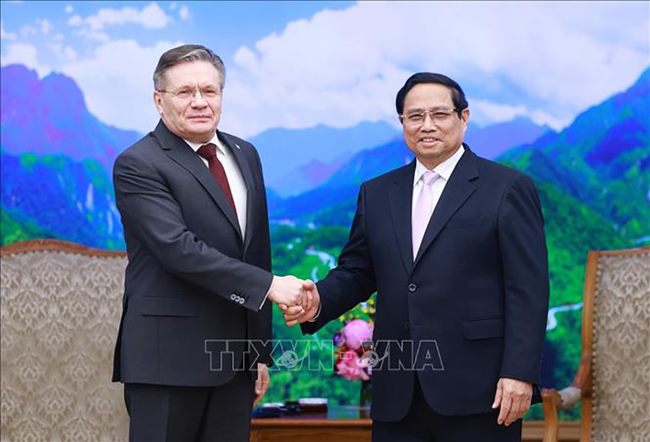 Thủ tướng Phạm Minh Chính tiếp ông Alexey Likhachev, Tổng Giám đốc Tập đoàn Năng lượng Nguyên tử Quốc gia Liên bang Nga (Rosatom). Ảnh: Dương Giang/TTXVN
