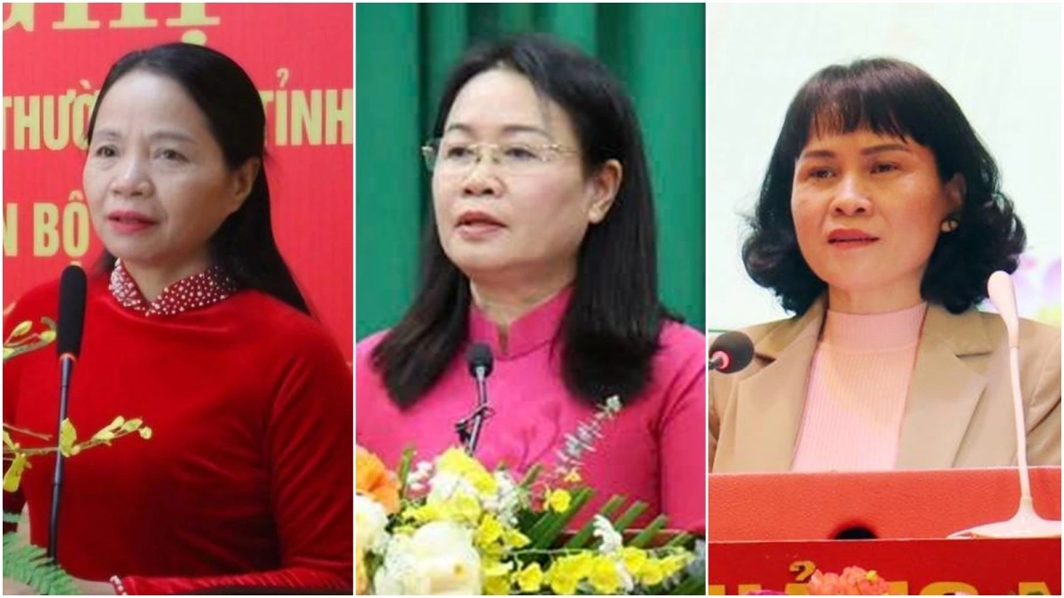 Bà Bùi Thị Mười - Phó Trưởng ban Tuyên giáo Tỉnh ủy Thanh Hóa; bà Nguyễn Thị Quỳnh Hương- Giám đốc Sở Lao động - Thương binh và Xã hội tỉnh Thái Nguyên và bà Nguyễn Thị Vinh, Bí thư Đảng ủy Khối các cơ quan tỉnh Quảng Ninh (từ trái qua) đều xin nghỉ hưu trước tuổi