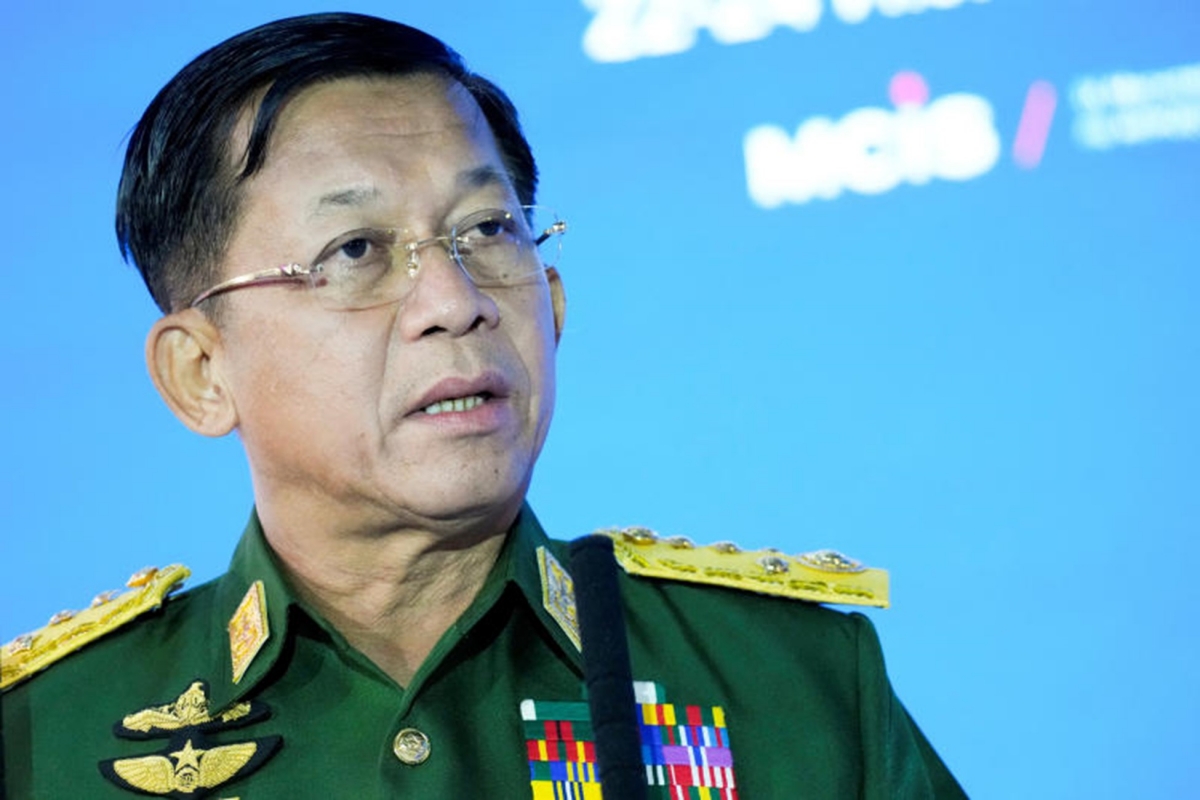 Thống tướng Myanmar Min Aung Hlaing phát biểu tại Hội nghị an ninh quốc tế lần thứ IX tại Moscow, Nga, vào tháng 6/2021. (Ảnh: Reuters)