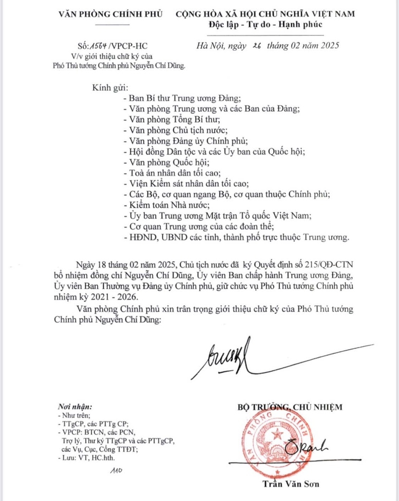 Văn bản giới thiệu chữ ký của Phó Thủ tướng Chính phủ Nguyễn Chí Dũng