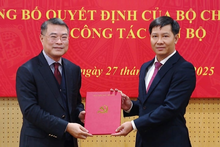 Trưởng Ban Tổ chức Trung ương Lê Minh Hưng trao quyết định cho ông Nguyễn Thành Tâm. (Ảnh: TTXVN)