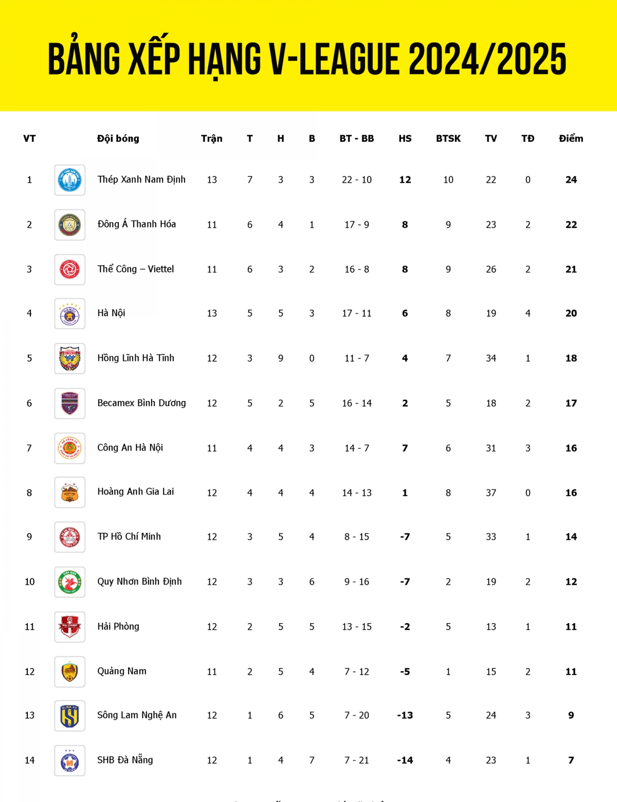 Cập nhật bảng xếp hạng V-League 2024/2025 sau vòng đấu 12.