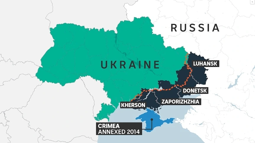 Các vùng lãnh thổ của Ukraine đang bị Nga kiểm soát tính đến hết năm 2024 (Ảnh: ABC News)