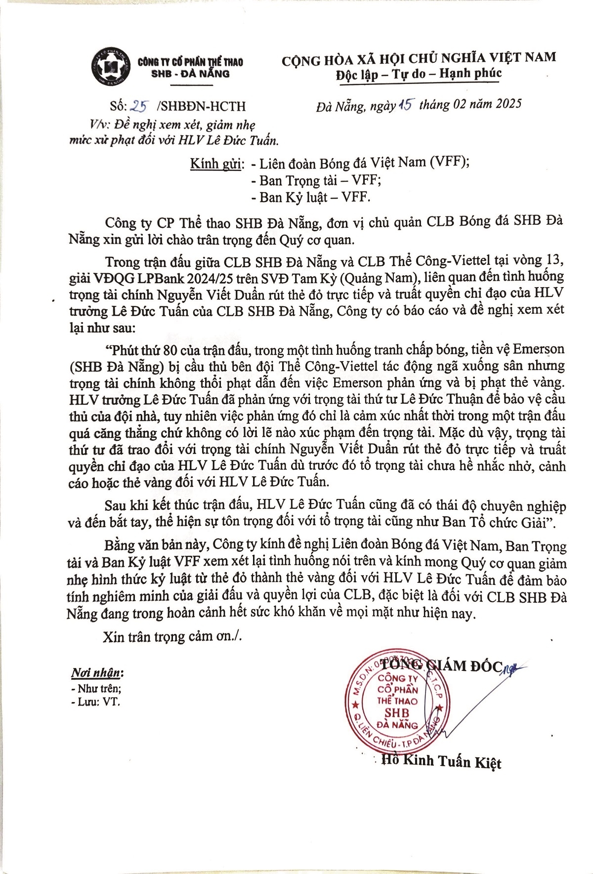 Công văn kiến nghị của CLB Đà Nẵng. 