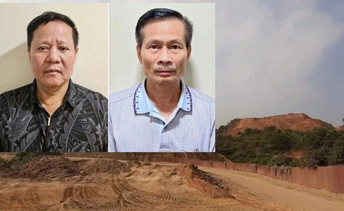 Bị cáo Đoàn Văn Huấn (trái, Chủ tịch công ty Thái Dương); Nguyễn Văn Chính (Phó Tổng giám đốc công ty Thái Dương) cùng hiện trường mỏ đất hiếm Yên Phú. 