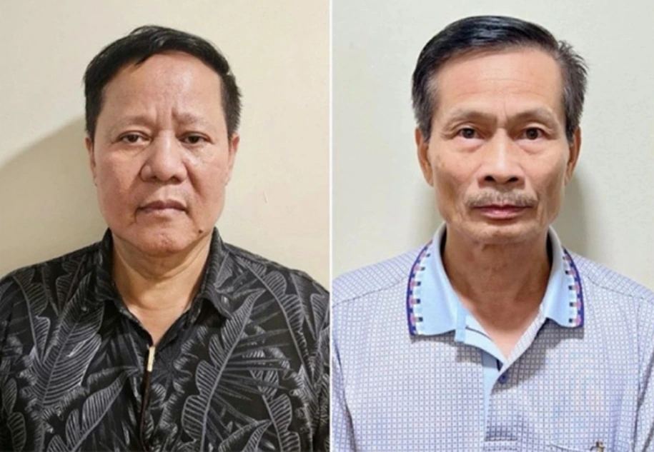 Bị can Đoàn Văn Huấn (trái, Chủ tịch công ty Thái Dương) và Nguyễn Văn Chính (Phó Tổng giám đốc công ty Thái Dương)