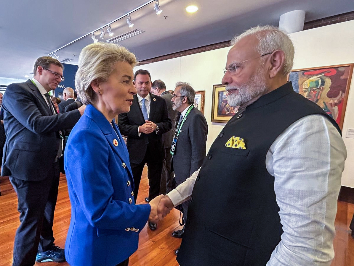 Thủ tướng Ấn Độ Narendra Modi và Chủ tịch EC Ursula von der Leyen gặp mặt bên lề Hội nghị Thượng đỉnh G-20 lần thứ 19 tại Rio de Janeiro, Brazil tháng 11/2024. Ảnh: ANI
