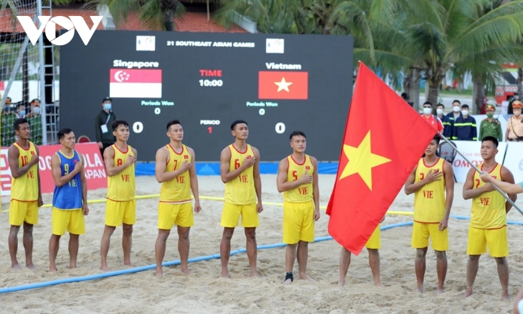 The Vietnamese men beach handball team compete in the 31st Southeast Asian (SEA) Games held in Quang Ninh province in 2022.