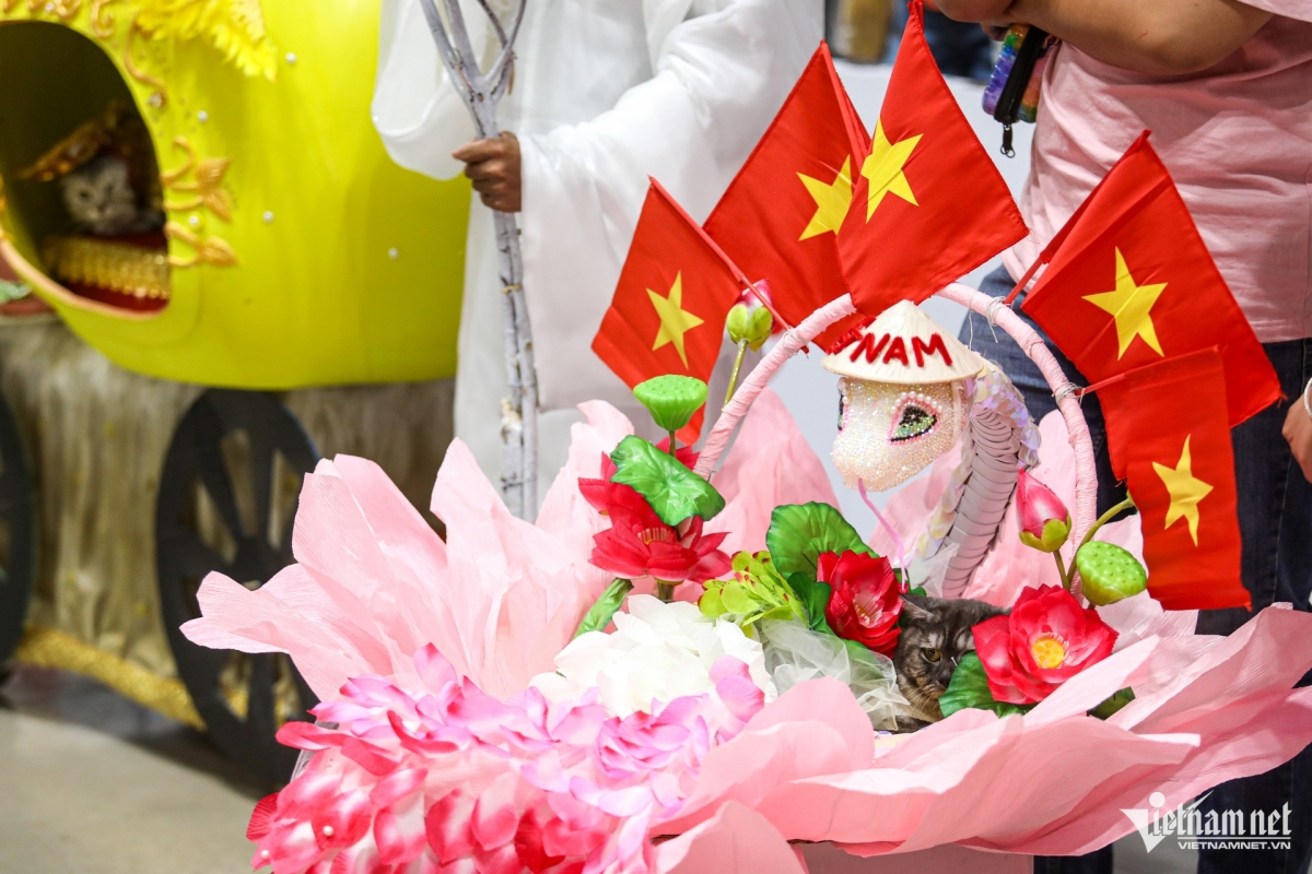 A cat is placed inside a basket which takes inspiration from the lotus flower and a mascot of the 2025 lunar year of the snake.