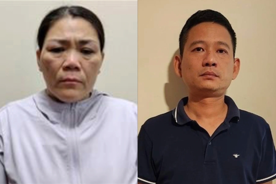 Bị can Nguyễn Thị Hoá (trái) và Lê Xuân Tùng