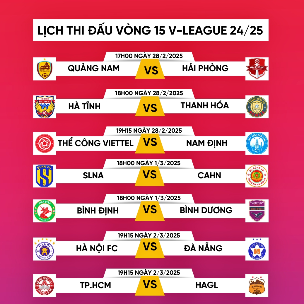 Lịch thi đấu và trực tiếp vòng 15 V-League 2024/2025.