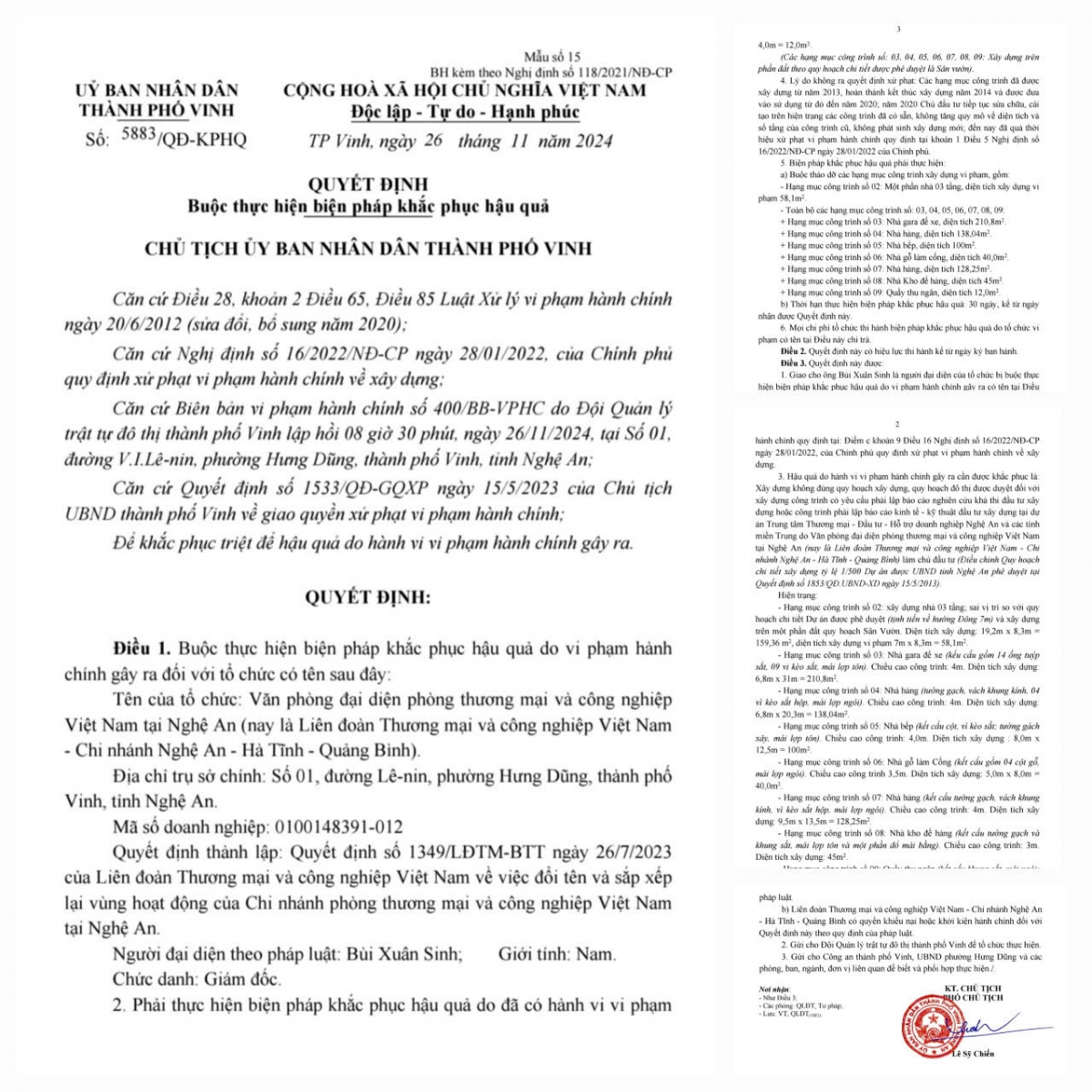 Quyết định buộc biện pháp khắc phụ hậu quả của UBND TP Vinh ( Nghệ An).