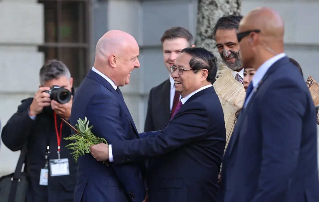 Thủ tướng New Zealand Christopher Luxon (trái) đón Thủ tướng Việt Nam Phạm Minh Chính sang thăm New Zealand vào tháng 3/2024. Nguồn: Đại sứ quán Việt Nam tại New Zealand