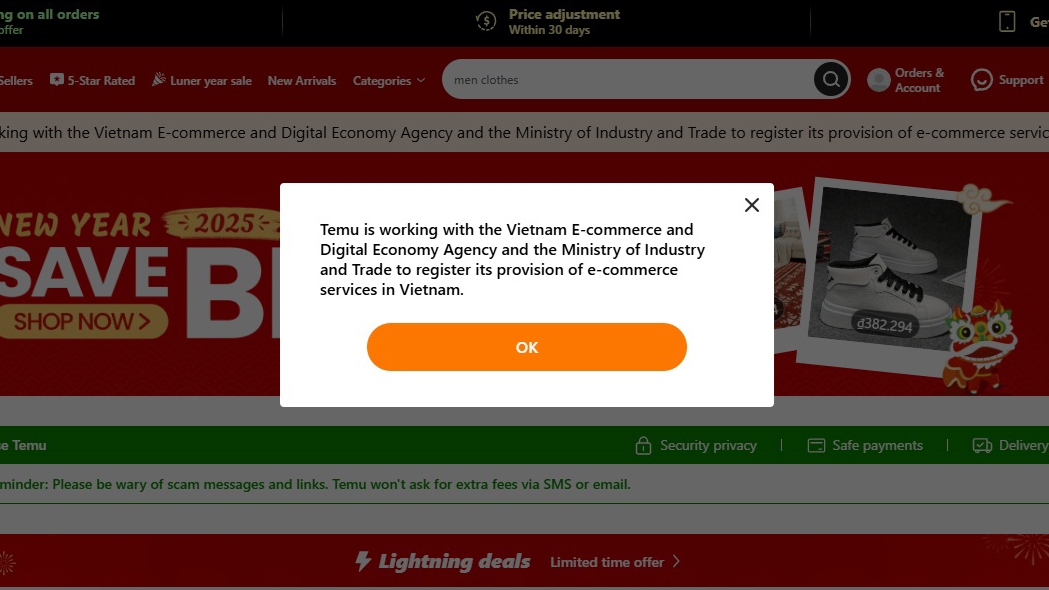 Khi đăng nhập wesite temu.com, khách hàng nhận được thông báo - Ảnh chụp màn hình