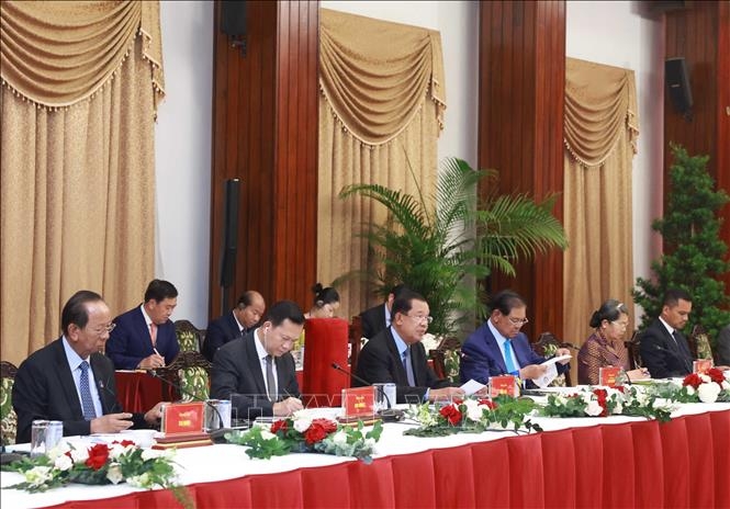 Chủ tịch CPP, Chủ tịch Thượng viện Campuchia Hun Sen tại cuộc gặp. Ảnh: TTXVN