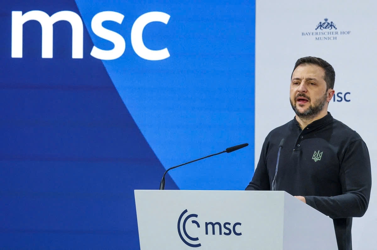 Tổng thống Ukraine Volodymyr Zelensky phát biểu tại MSC. Ảnh: Reuters