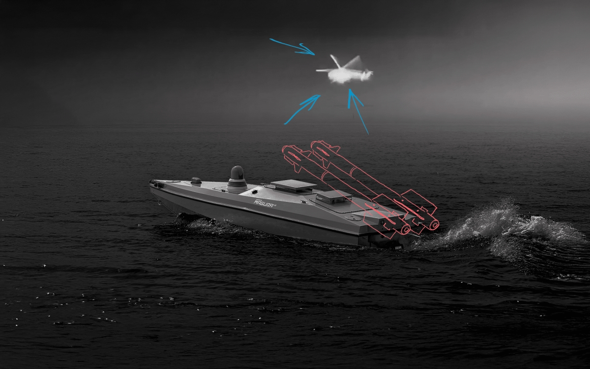 Xuồng không người lái (USV) có khả năng phóng máy bay không người lái nổ góc nhìn thứ nhất (FPV). Ảnh: UNITED24 Media