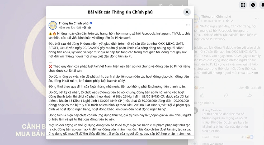 Thông tin cảnh báo được đăng trên fanpage Facebook của Cổng thông tin chính phủ