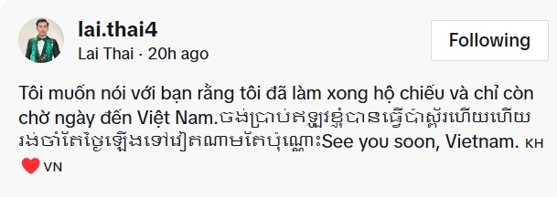 Trên trang TikTok, Lai Thai thông báo đã làm xong hộ chiếu, chuẩn bị đến Việt Nam