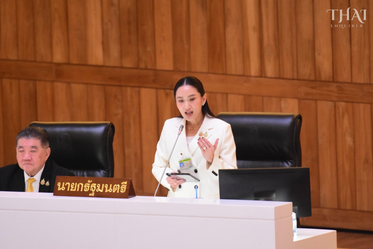 Thủ tướng Thái Lan Paetongtarn Shinawatra trả lời chất vấn tại phiên điều trần hôm 24/3. Nguồn: Thaienquirer