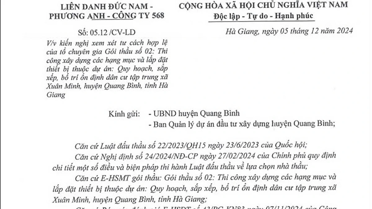 Văn bản kiến nghị của Liên danh Công ty TNHH MTV Đức Nam - Công ty TNHH MTV 568 - Công ty TNHH Đầu tư xây dựng Phương Anh đề nghị chủ đầu tư xem xét tính hợp lệ của Tổ chuyên gia chấm thầu. 