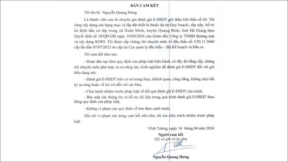 Bản Cam kết trung thực, khách quan của Tổ chuyên gia ký vào ngày 16/4/2024 trước thời gian thành lập 5 tháng.