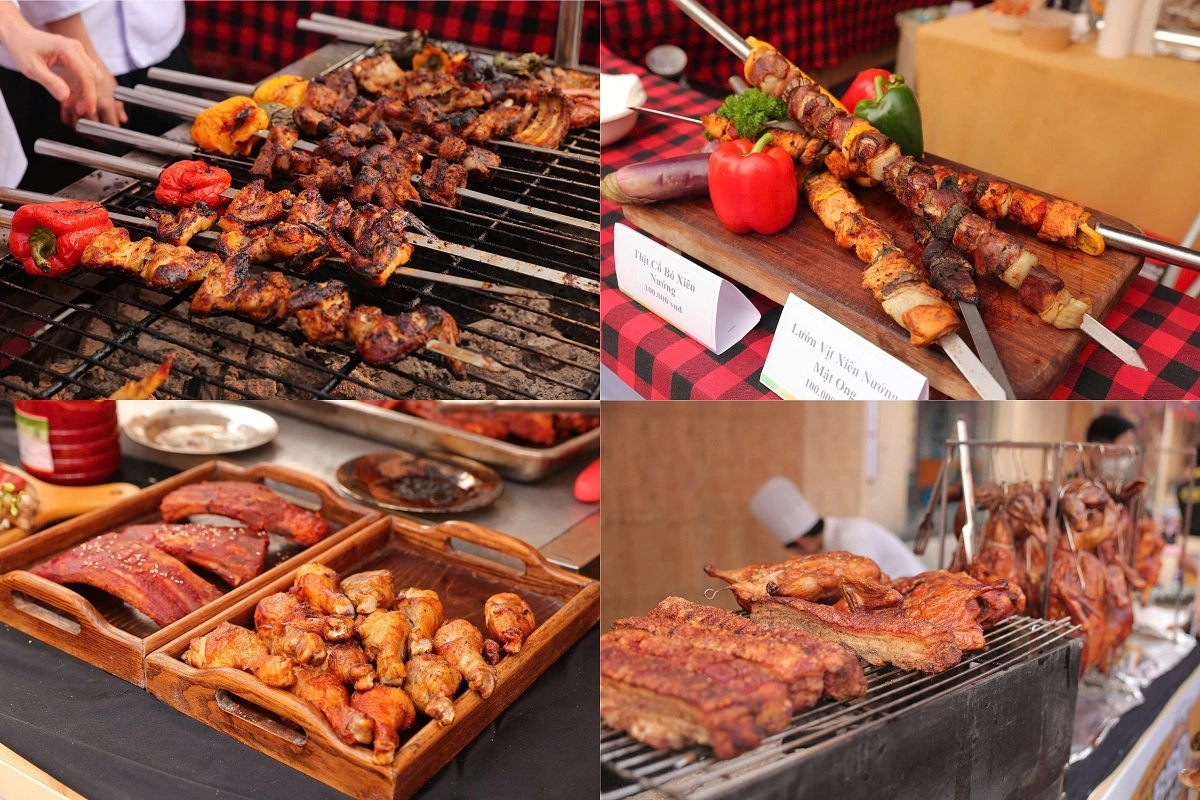 Những quầy nướng liên tục đỏ lửa với sườn heo sốt xông khói kiểu Mỹ, bò Wagyu nướng than phong cách Úc, hải sản tươi ngon nướng mỡ hành...
