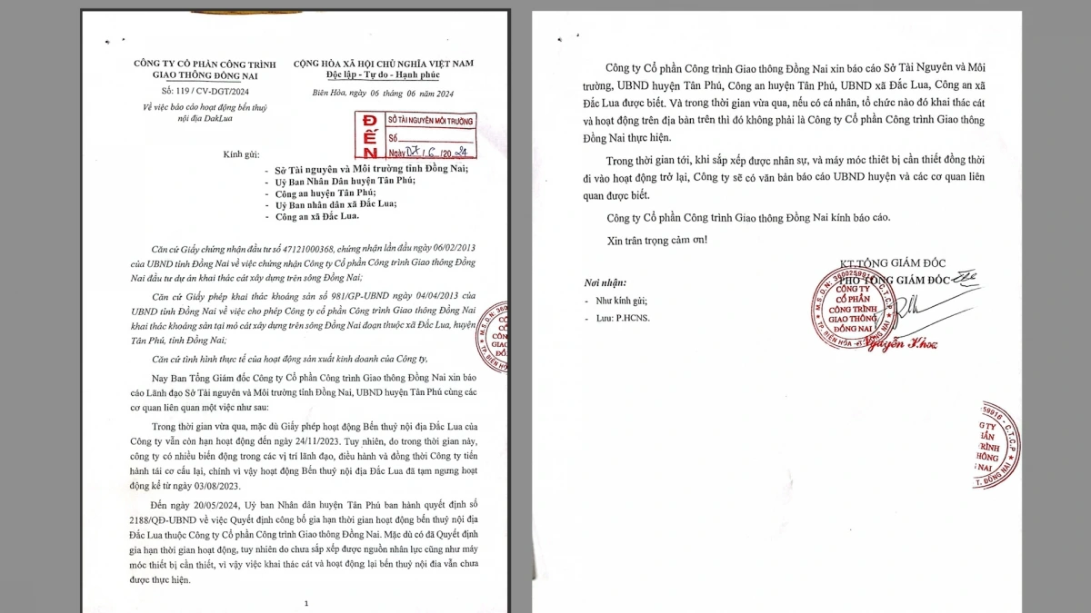 Văn bản báo cáo về việc không hoạt động bên thuỷ nội địa dù được gia hạn, phủ nhận những cáo buộc của người dân về hoạt động khai thác cát.