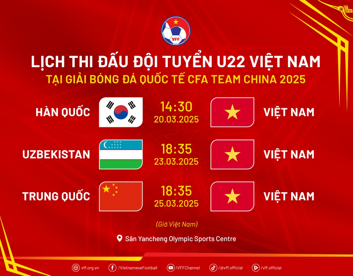 Lịch thi đấu ĐT U22 Việt Nam tại giải bóng đá quốc tế 2025. (Ảnh: VFF)