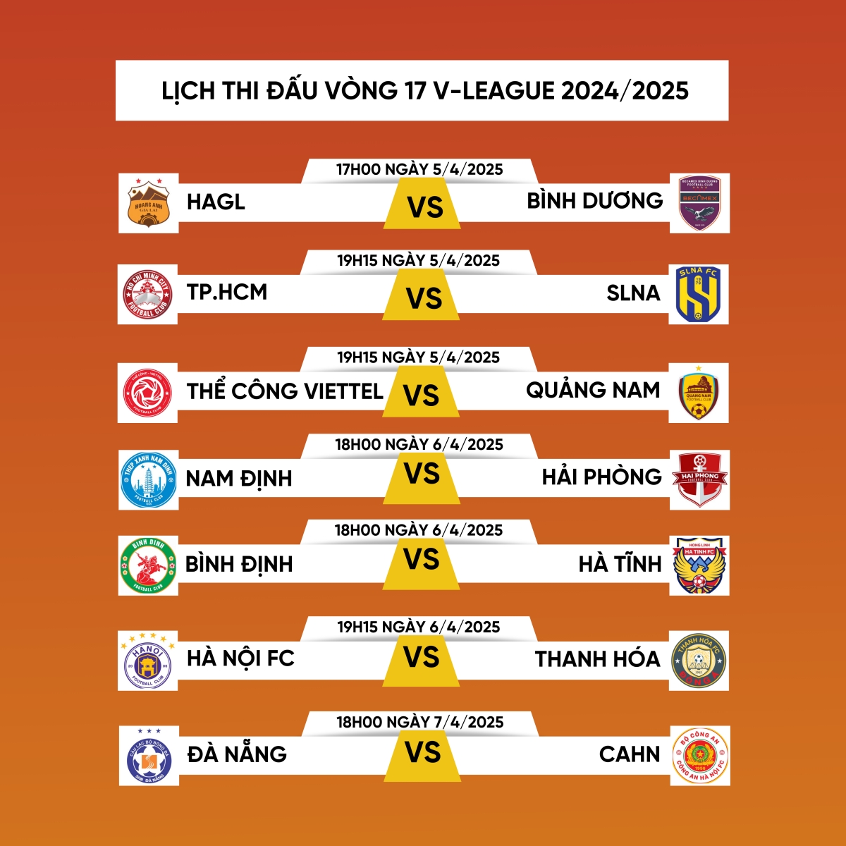 Lịch thi đấu và trực tiếp vòng 17 V-League 2024/2025.