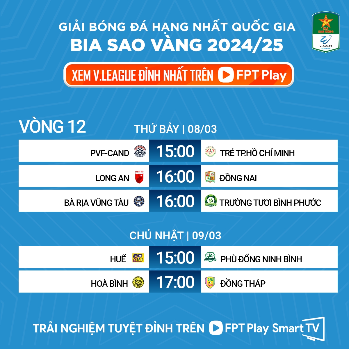 Lịch thi đấu vòng 12 giải Hạng Nhất Quốc gia.