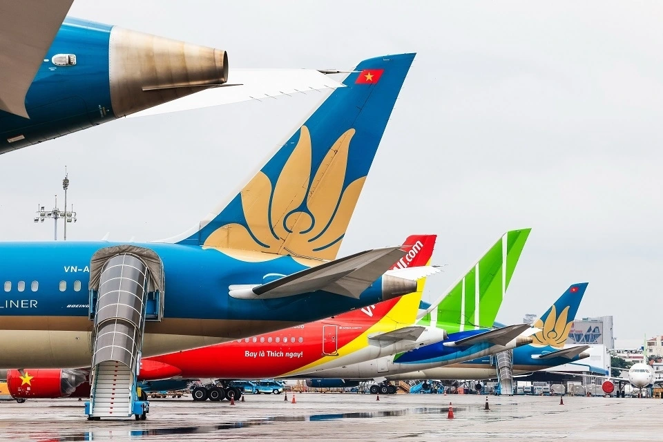 Máy bay của các hãng hàng không Việt Nam tại Sân bay Quốc tế Nội Bài.
