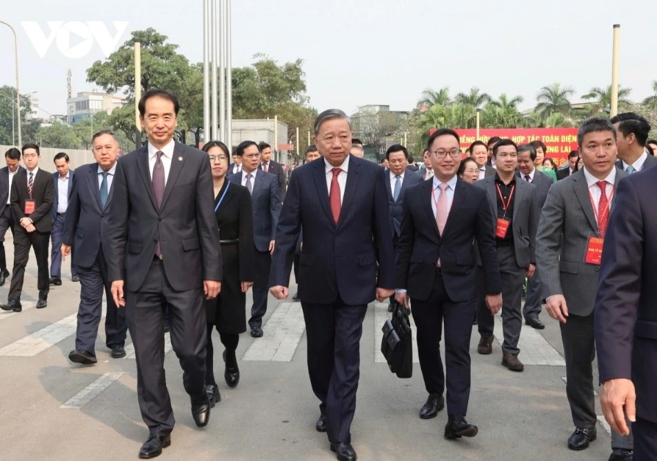 Party General Secretary To Lam, alongside many other leaders, attends the gathering held in Hanoi on March 20.