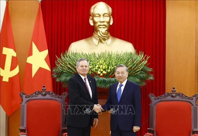 ổng Bí thư Tô Lâm tiếp Thượng nghị sĩ Hoa Kỳ Steve Daines. Ảnh: Thống Nhất/TTXVN