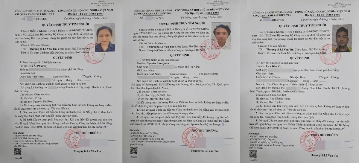 Thông báo truy tìm Hồ Ái Phượng, Nguyễn Như Quân, Lưu Đào Vĩ