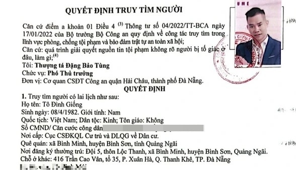 Tô Đình Giống bị Công an quận Hải Châu (thời điểm chưa giải thể) ra quyết định truy tìm