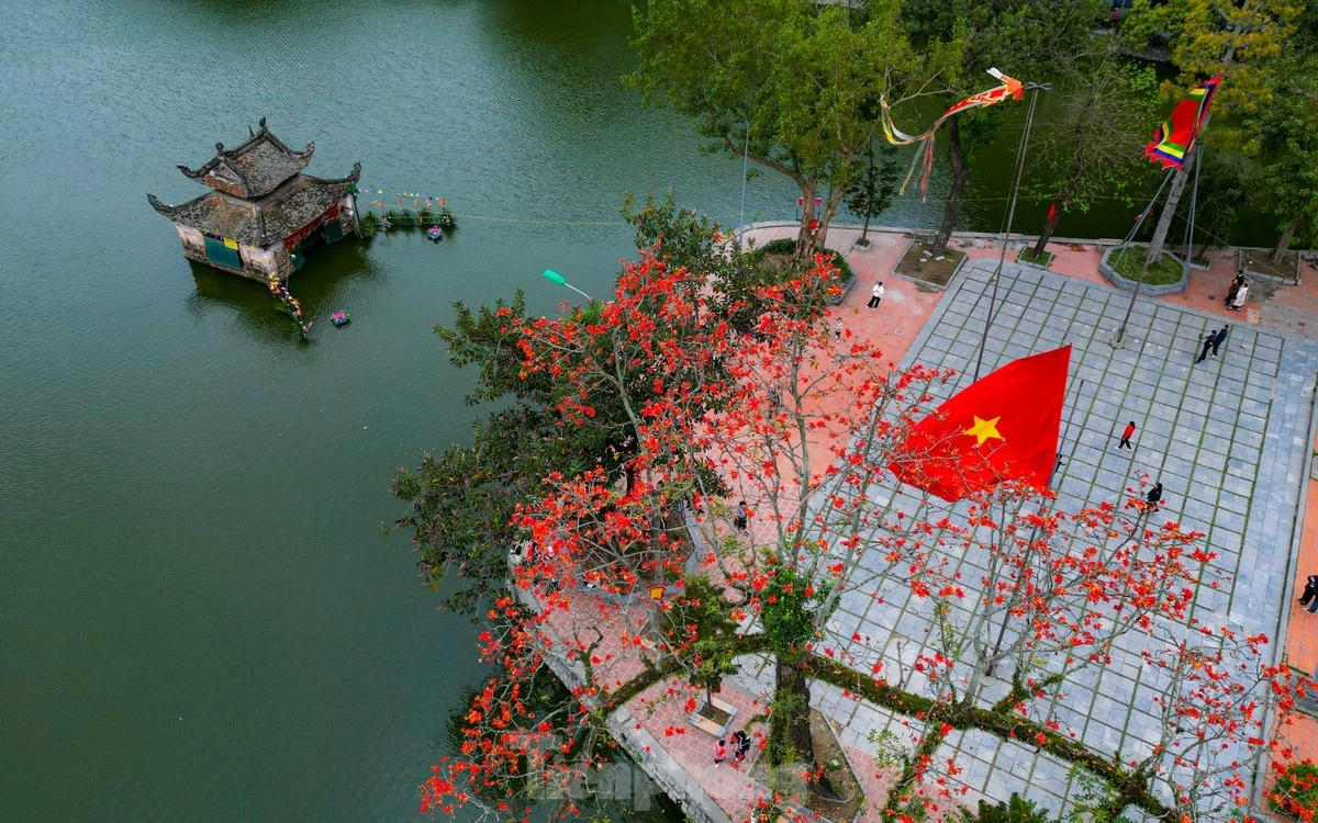 Hoa gạo phủ kín cả sân chùa Cả, soi bóng xuống mặt hồ Long Trì phẳng lặng, tạo nên một bức tranh thiên nhiên vừa huyền ảo vừa thanh tịnh.