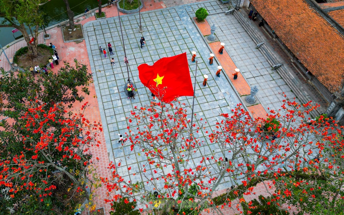 Sắc đỏ rực rỡ của hoa gạo nổi bật trên nền mái ngôi chùa cổ kính.