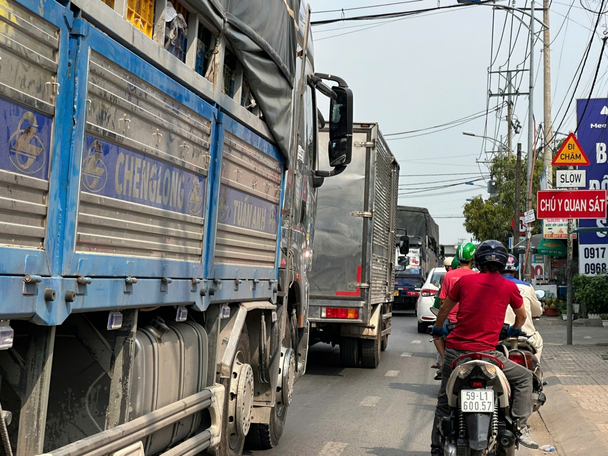 Một đoạn đường Xuân Thới Sơn ùn tắc kéo dài nhiều cây số.